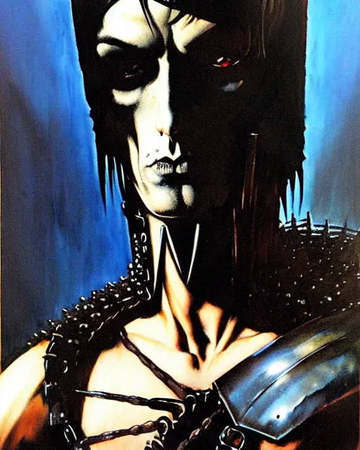 Image similar to portrait of a skinny goth punk keany reeves wearing armor by simon bisley, john blance, frank frazetta