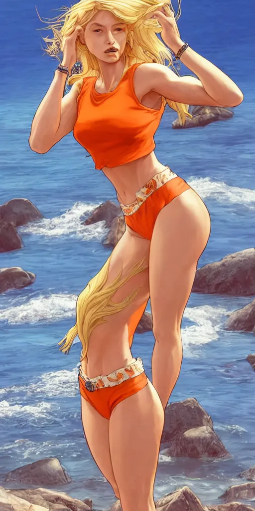 Image similar to a gorgeous hulking beast of a woman with very long hip-length blonde hair, wearing a cut-off white top and orange cut-off shorts standing by the water, in the style of artgerm and moebius and annie liebovitz, marvel comics, photorealistic, highly detailed, trending on artstation