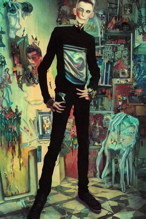 Image similar to a skinny goth guy standing in a cluttered 9 0 s bedroom, full body character concept art, vaporwave colors, karol bak art,