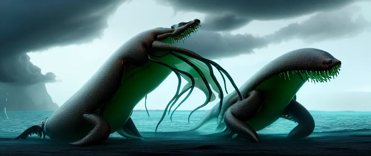 Image similar to a stunning cinematic shot of an slick sleek smooth translucent see - through halitrephes maasi sea monster wearing clothes made of seaweed on a dark stormy beach, with huge luminous sad eyes, sharp claws, cgsociety, hd octane render, fantasy, artstation, deviantart, furaffinity, very very clean, super smooth, thunderclouds, thunderstorm