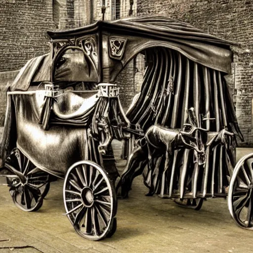 Prompt: a gothic horse - drawn carriage in the style of giger