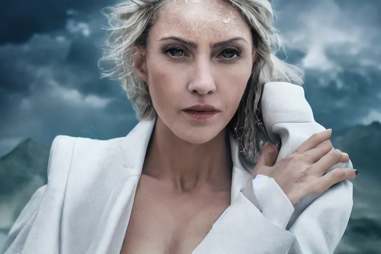 Image similar to a cinematic headshot portrait of a beautiful middle aged woman, wearing futuristic white suit on the top of a mountain, overlooking a vast serene forest, large diffused light, neon light, 4 k, ultra realistic, dramatic lighting, rain, clouds, fog, vogue, fashion, glamour, magazine spread, by marco mazzoni and jessica rossier