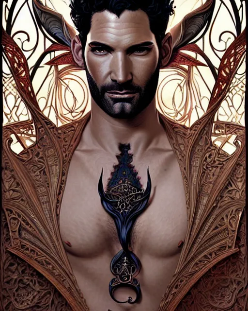 Image similar to tom ellis ( lucifer ) portrait, art nouveau, fantasy, intricate devilish designs, elegant, highly detailed, sharp focus, art by artgerm and greg rutkowski and wlop