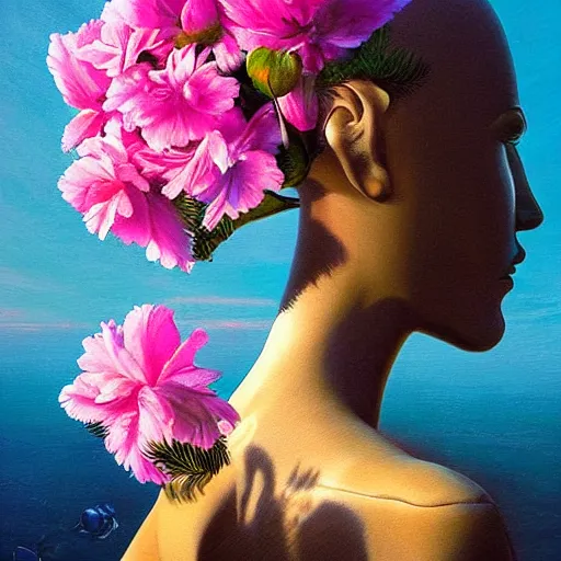 Image similar to RHADS, award winning masterpiece with incredible details, RHADS, a surreal vaporwave vaporwave vaporwave vaporwave vaporwave painting by RHADS of an old pink mannequin head with flowers growing out, sinking underwater, highly detailed RHADS