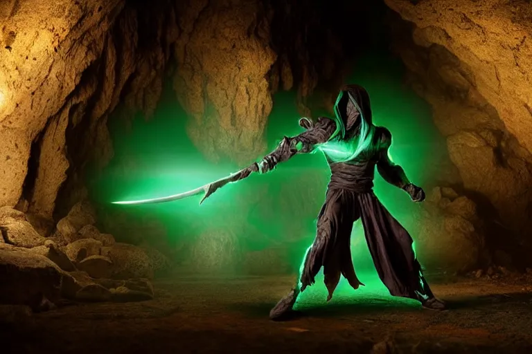 Image similar to vfx film, photorealistic render, soul reaver, raziel irl, price of persia movie, missing jaw, hero pose, devouring magic souls, scarf, hood, glowing green soul blade, in epic ancient sacred huge cave temple, flat color profile low - key lighting award winning photography arri alexa cinematography, hyper real photorealistic cinematic beautiful, atmospheric cool colorgrade