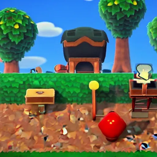 Image similar to screen shot of carpet bombing in animal crossing, large explosions, fire, chaotic