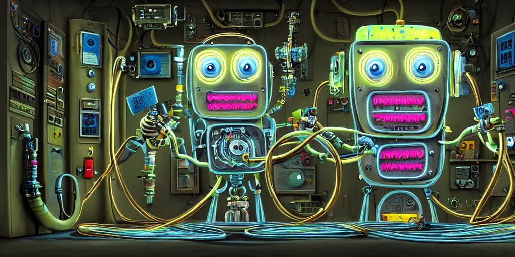 Image similar to happy Funny cartoonish steampunk robot with neon cables at a nuclear control room, by Gediminas Pranckevicius and Felix-Kelly H 704