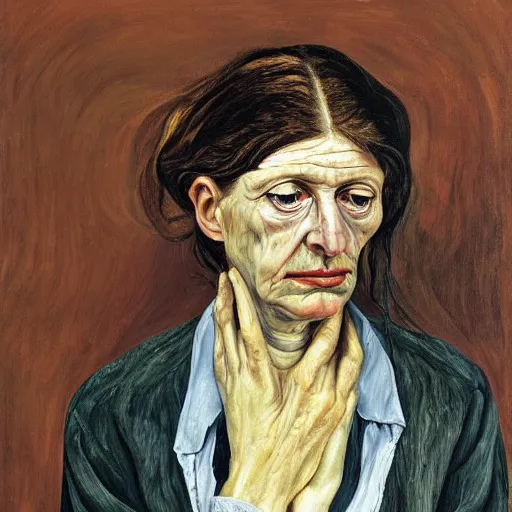 Image similar to Oil painting Portrait of a sad Woman, by Lucian Freud, Abstract brush strokes, Masterpiece