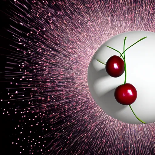 Image similar to Exploding cherry, 3d render, white background, realistic explosion