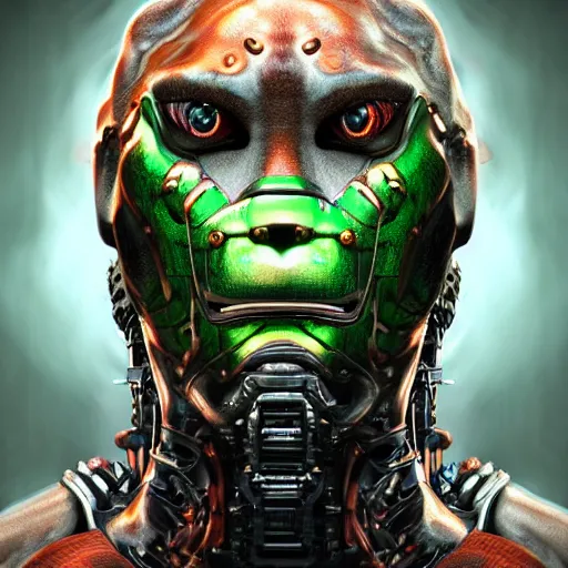 Prompt: a hyper realistic concept art character of a aggressive robotic beast 4K symmetrical portrait, in multiple green copper textures and concrete, character concept art, Rendered in Octane, trending in artstation, cgsociety, 4k post-processing highly detailed, Junji Murakami, Tom Bagshaw, Artgerm, Craig Mullins,Junji Murakami, epic cinematic lighting rendered by octane engine, characters 8K symmetrical,