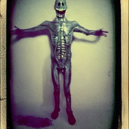 Image similar to transparent horror monster polaroid photo, dynamic pose, full body shot, sharp focus, grainy, interior, flashlight