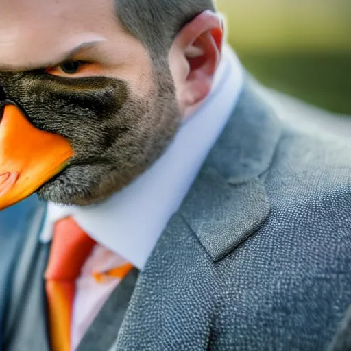 Image similar to a high detail photo of a man with a duck's head wearing a suit, photorealism