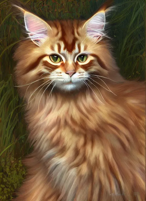Image similar to pretty ginger maine coon cat fluffy, head down, demure, shy, path traced, highly detailed, high quality, digital painting, by studio ghibli and alphonse mucha, leesha hannigan, disney