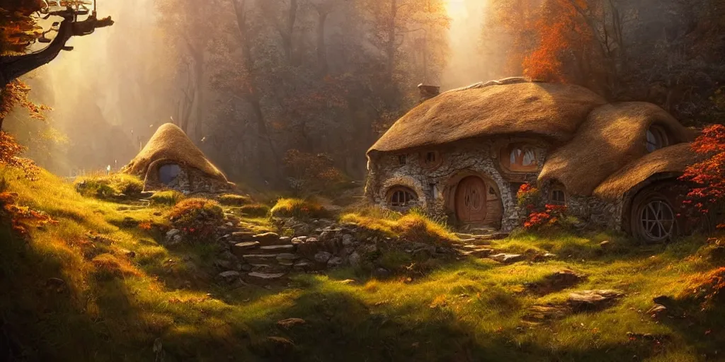 Image similar to a hobbit cottage on top of a steep hill, greg rutkowski, zabrocki, moebius, karlkka, jayison devadas concept art, highly detailed, autumn sunlights, smoky atmosphere, ( ray of sunlight ), ilya kuvshinov, ossdraws, 8 k, ultra wide angle, zenith view, lens effect