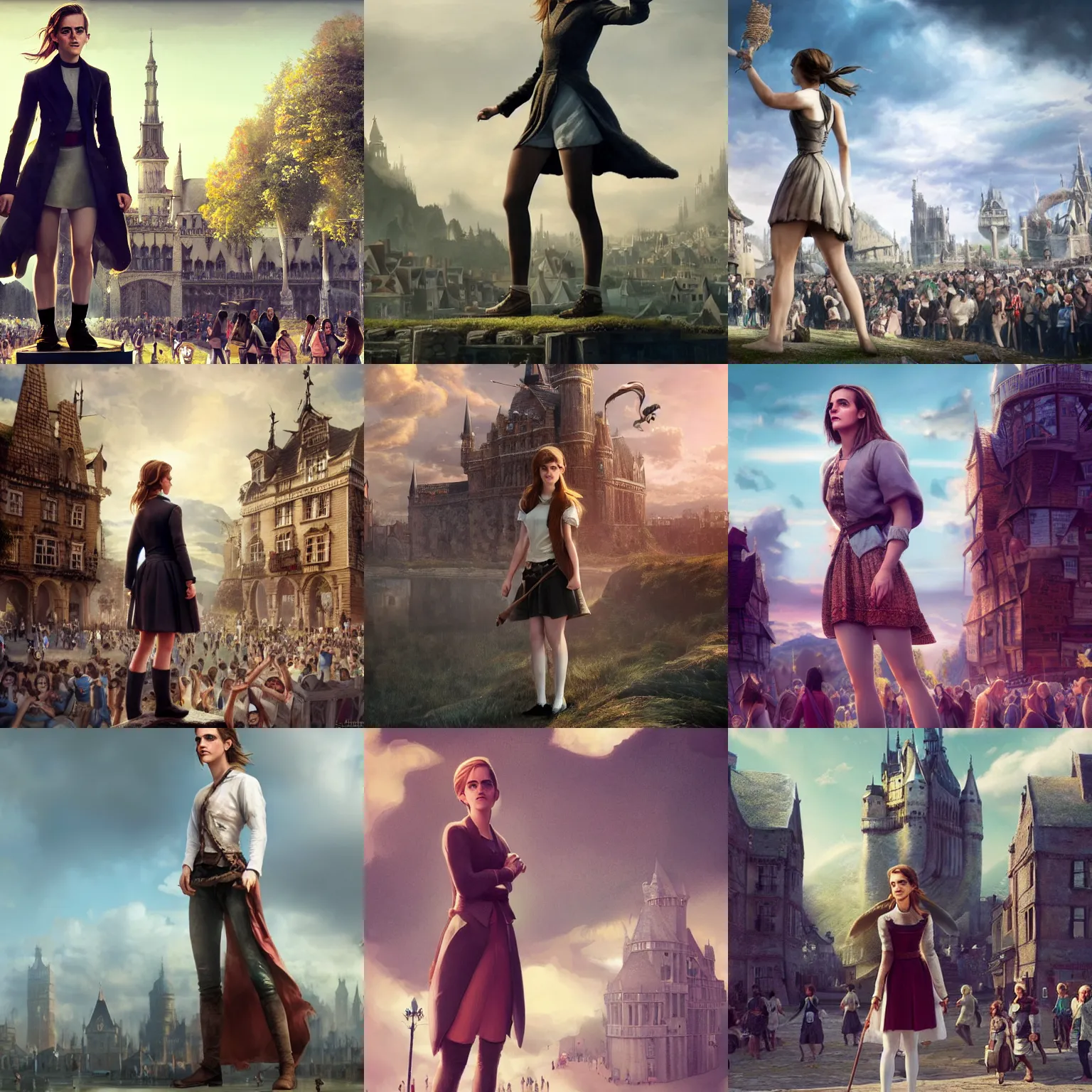 Prompt: Giant Emma Watson stands next to a town, surrounded by people, digital art, Gulliver's Travels, trending on ArtStation