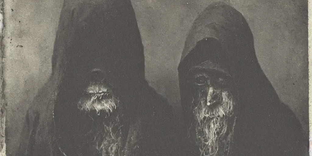 Image similar to hermit wearing a scary mask, 1900s picture