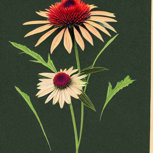 Prompt: echinacea, illustration from a botanical treatise, rich and contrasting colours