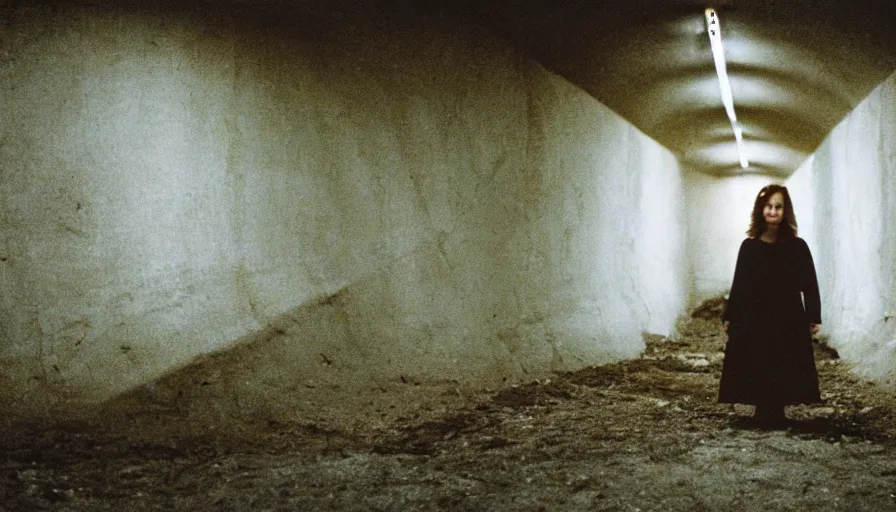 Image similar to portrait of a white female phantom in an empty soviet tunnel, cinestill 800t 35mm, heavy grain, high quality, liminal space style