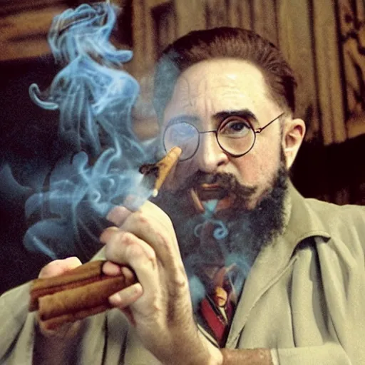 Image similar to Harry Potter smokes a Cuban cigar with Fidel Castro. Photo. Good quality. Hyperrealism.