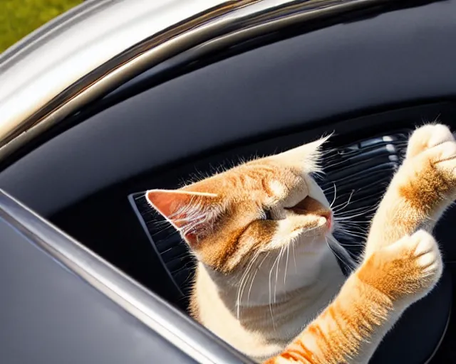 Image similar to top view of cabriolet, cat sitting in driver seat with paws on steering wheel, golden hour