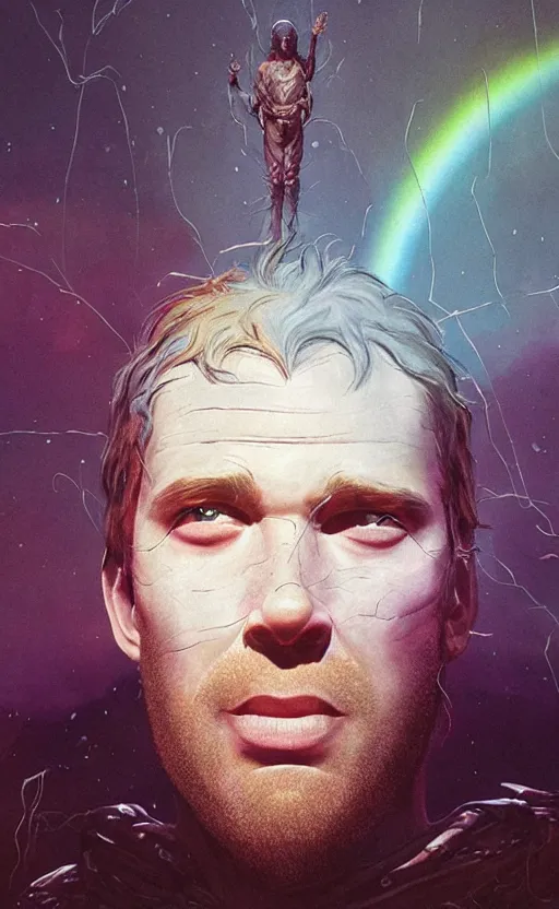 Image similar to extremely detailed cinematic movie still 3 0 7 7 portrait shot of a god of rainbow 2 5 years old white man hyperreal skin face at the mountain top by denis villeneuve, wayne barlowe, simon birch, marc simonetti, philippe druillet, beeple, bright volumetric sunlight from remote star, rich moody colors, closeup, bokeh