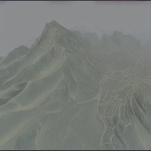 Prompt: highly detailed map of a peninsula with a lot of mountains, 8 k, being lighting, hyperrealistic, grey mountains