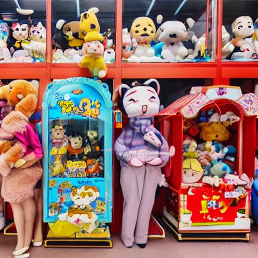 Image similar to stuffed animals inside of a crane game in japan anime style