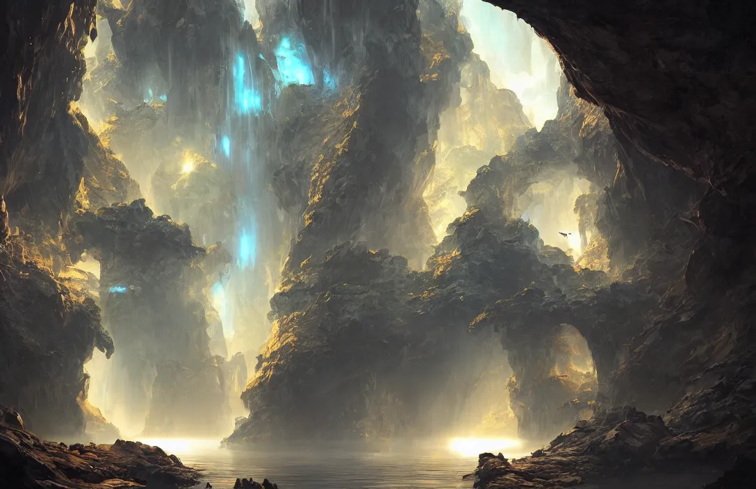 Image similar to a huge cave with a light portal far away in the style of stephan martiniere, detailed dreamscape, hyperreal phantastic, intricate details in environment, golden ratio, high aestehtic, waterfalls and lakes, cinematic light dramatic light, lightrays, flying birds in distance, trending on artstation