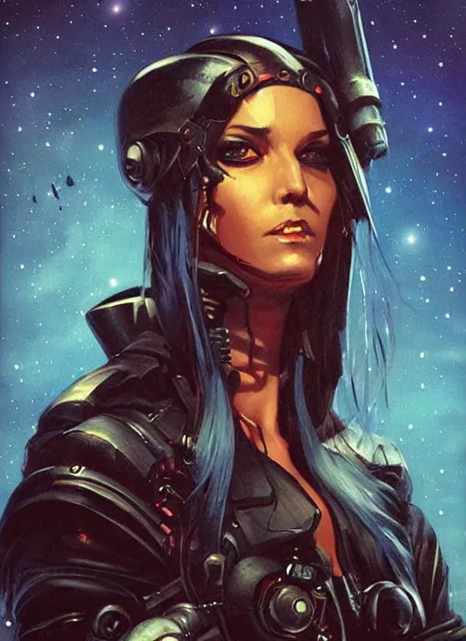 Image similar to portrait of female space pirate, night sky background, beautiful! coherent! by brom, deep color, strong line, high contrast