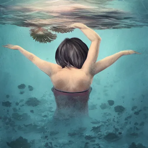 Prompt: A woman submerged underwater, you can see her face from an aerial view with lily pads surrounding her, artistic digital art, very opaque, gloomy style, oil paints and pastel highlights, trending on artstation, artstationHD, artstationHQ, 4k, 8k