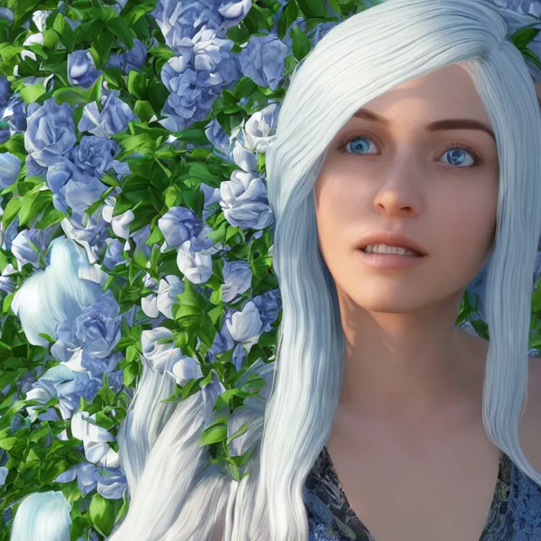 Prompt: “hyperrealistic ultra detailed unreal engine 5 RTX raytracing nvidia hairworks render of portrait of the most beutiful girl with blue eyes and white hair. She is in heavens garden”