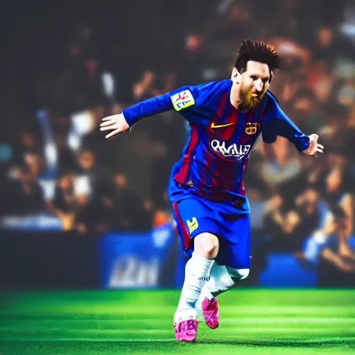 Image similar to lionel messi running extremely fast while his body emits blue lightning, 8 k