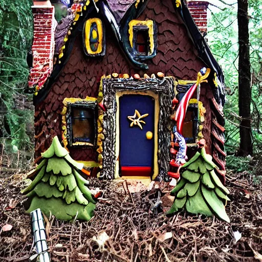 Image similar to a swat team stacked up outside the wicked witch's gingerbread candy cottage front door, ready to bust it down, in the middle of some creepy woods, the wicked witch looks on from the attic window,