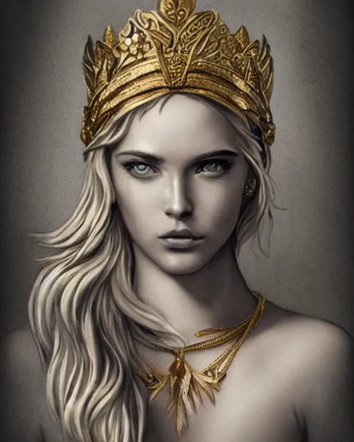 Image similar to tattoo design sketch of cute beautiful blonde super model as aphrodite greek goddess wearing a gold laurel wreath and triangle earrings, beautiful piercing gaze with sharp pupils, in the style of greg rutkowski, fantasy, amazing detail, epic, elegant, smooth, sharp focus, front view