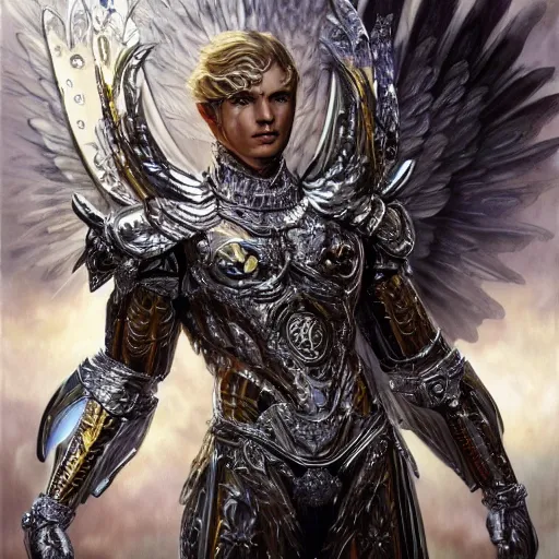 Image similar to a beautiful muscular male angel wearing a silver chrome armor with golden ornaments and diamonds jewelry by alex gray and android jones, karol bak, ayami kojima, amano, concept art, character design, fantasy, 3 d, 8 k resolution