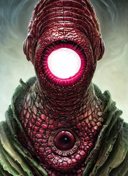 Image similar to raspberry mf doom reptile eyes, metal raspberry skin. intricate, elegant juice, highly detailed, centered, digital painting, artstation, concept art, smooth, sharp focus, illustration, artgerm, tomasz alen kopera, peter mohrbacher, donato giancola, joseph christian leyendecker, wlop, frank frazetta