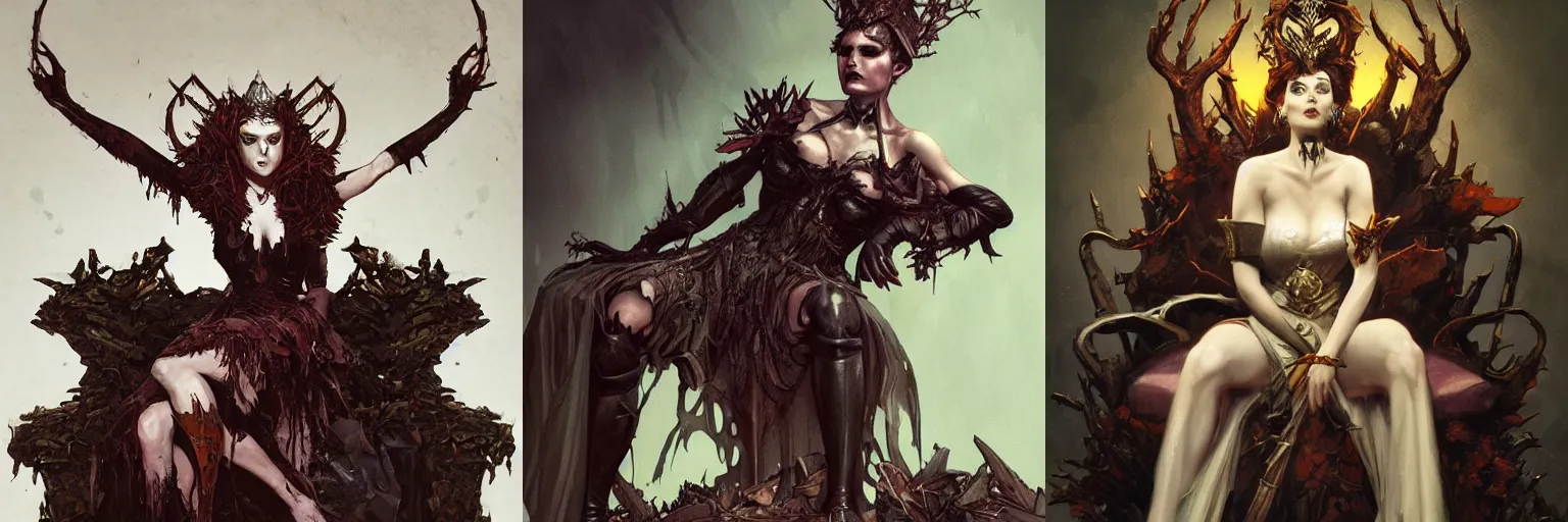 Prompt: Candid picture of the dark fantasy Queen of Decay and Desolation, sitting on her throne of compost, concept art, artstation, dramatic lighting, award winning illustration by J. C. Leyendecker, Edmund Blair and Charlie Bowater