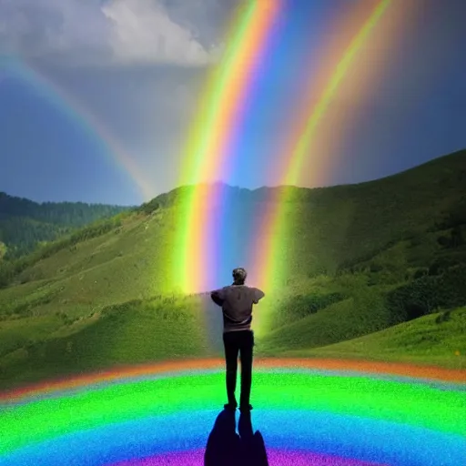 Image similar to a man standing on top of a hill under a rainbow, a matte painting by Gabriel Dawe, trending on pexels, psychedelic art, iridescent, sense of awe, psychedelic