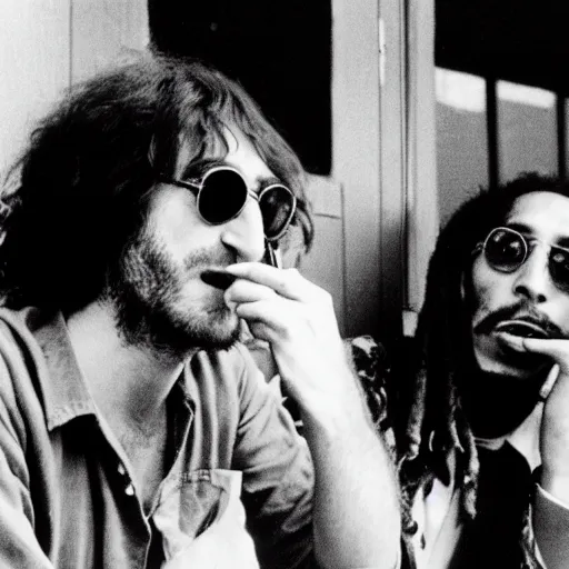 Image similar to john lennon smoking a joint with bob Marley, photograph by Willy Spiller, 1970s