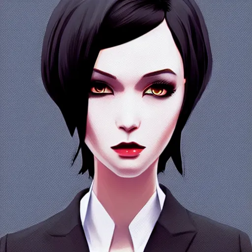 Image similar to slim killer girl in tuxedo with black bob hair, elegant, 2d, ultra highly detailed, digital painting, smooth, sharp focus, artstation, art by Ilya Kuvshinov