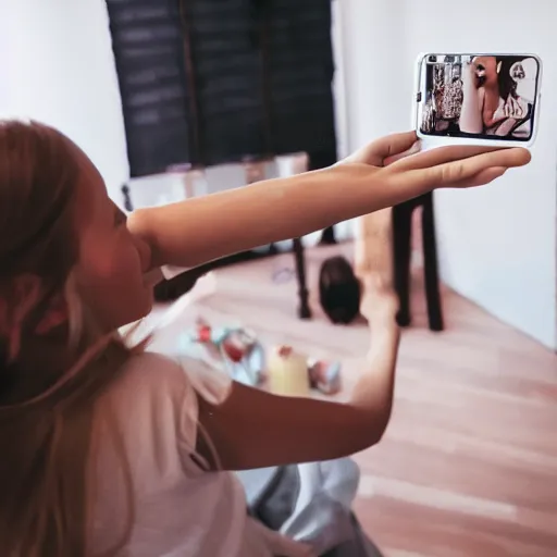 Image similar to studio gibli girl taking a selfie at home