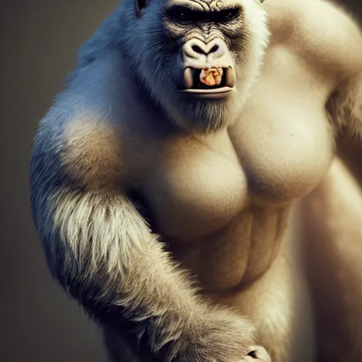 Image similar to extremely scary angry old tough rough looking albino gorilla. scars, scary, gruffness, interesting 3 d character concept by square enix, in the style of league of legends, hyper detailed, character modeling, cinematic, final fantasy, character concept, ray tracing, fur details, maya, c 4 d, artstation