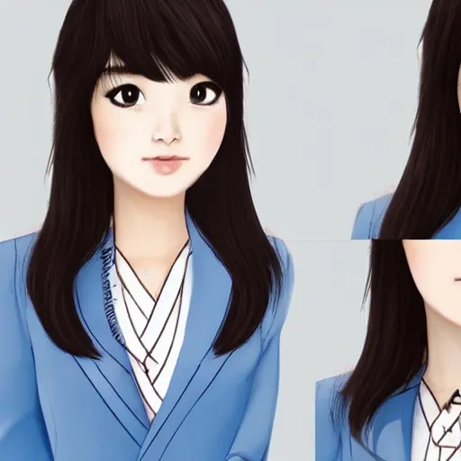 Image similar to a pretty young girl of 2 5, japanese, with big eyes, short shoulder - length hair and a suit ， created by sam yang and trnyteal