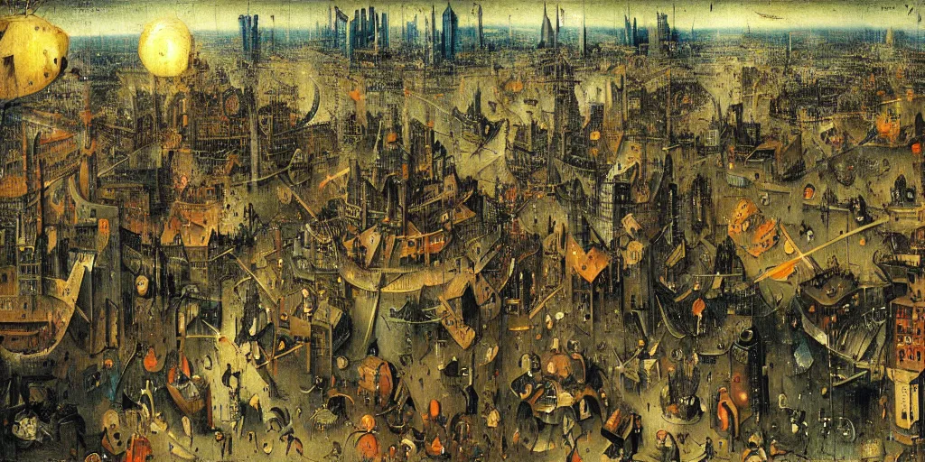 Image similar to view of a crowded cyberpunk city at night painted by hieronymus bosch, highly detailed, intricate, cyberpunk, colourful, night time, art by hieronymus bosch