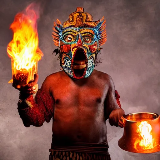 Prompt: an aztec monk with a monster mask is holding mushrooms in one hand, fire as the light source, close-up photography, dramatic scene