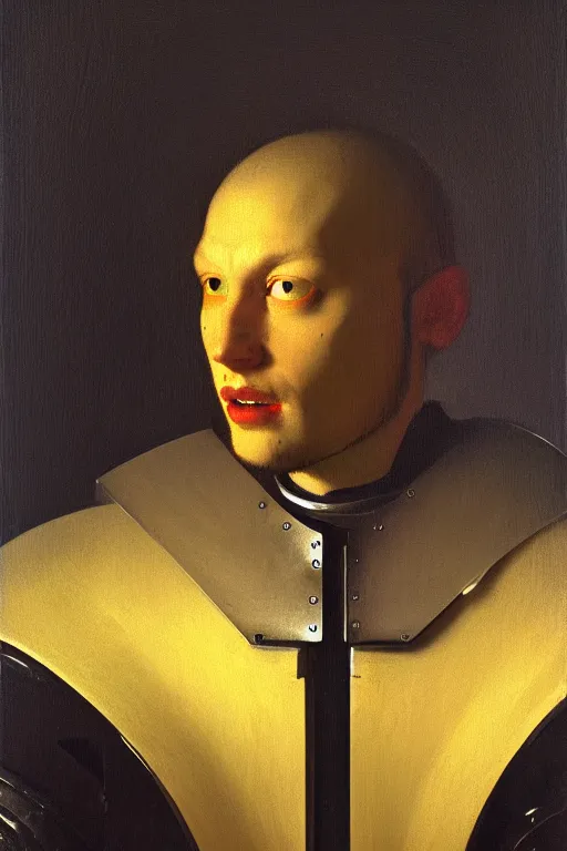 Image similar to portrait of a man with a biomechanic armor and neon light by Vermeer, dramatic lighting, highly detailed, trending on artstation