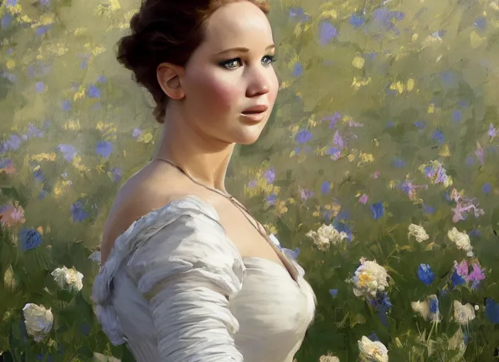 Prompt: portrait of jennifer lawrence wearing 1 7 th century french off - the - shoulder neckline bodice with low neckline in a field of flowers, jodhpurs greg manchess painting by sargent and leyendecker, studio ghibli fantasy close - up shot asymmetrical intricate elegant matte painting illustration hearthstone, by greg rutkowski by greg tocchini by james gilleard