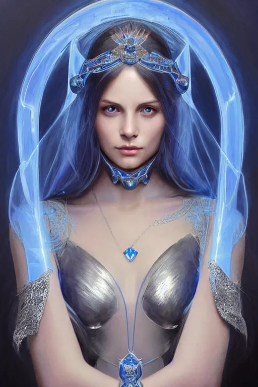 Prompt: beautiful woman wearing blue transparent clothes, glowing eyes, silver headband, blue glowing diamond in the hands, high elf priestess, sci-fi, fantasy, intricate, very very beautiful, elegant, highly detailed, digital painting, artstation, concept art, smooth, sharp focus, illustration, art by artgerm and greg rutkowski and alphonse mucha