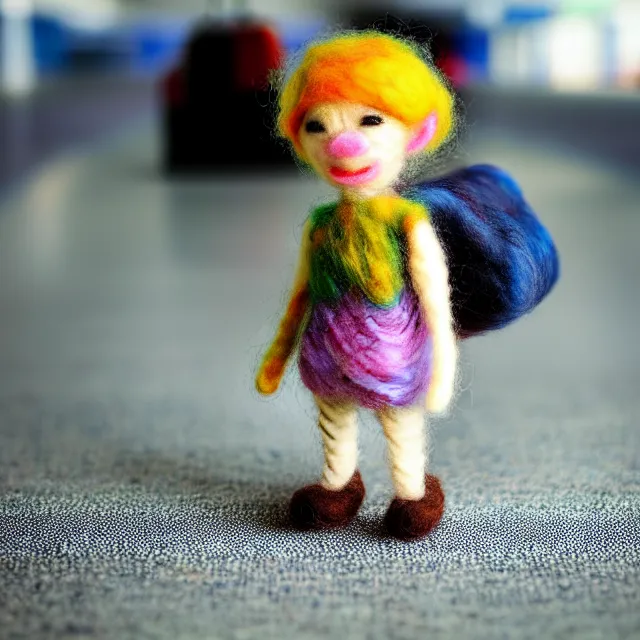 Image similar to needle felted person arriving at airport, highly detailed, tilt shift, cute, hyperrealism, highly textured, god rays