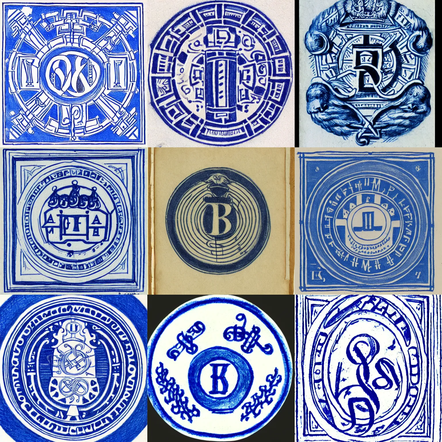 Prompt: blue - and - white drawing of the seal of an adolf wolfli musical cryptogram